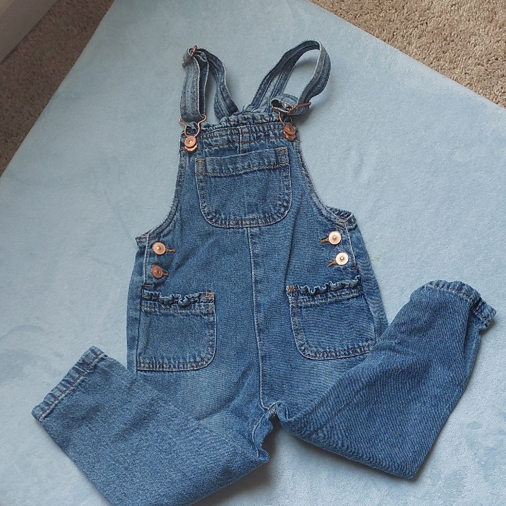 Girl's Blue Denim Overalls w/Brass & Ruffle Accents~ Sz 3T.Pre-Loved
